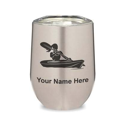LaserGram Double Wall Stainless Steel Wine Glass, Kayak Woman, Personalized Engraving Included
