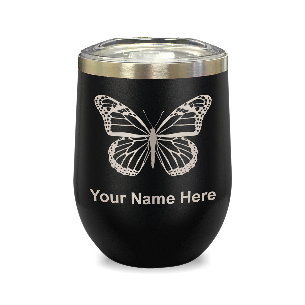 LaserGram Double Wall Stainless Steel Wine Glass, Monarch Butterfly, Personalized Engraving Included