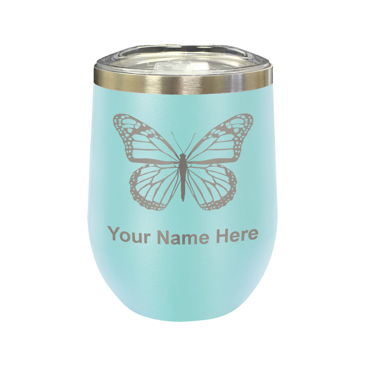 LaserGram Double Wall Stainless Steel Wine Glass, Monarch Butterfly, Personalized Engraving Included