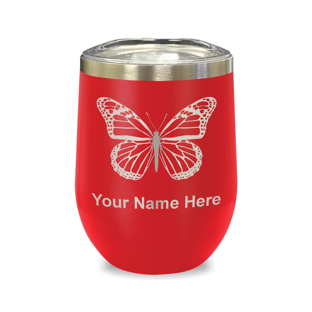 LaserGram Double Wall Stainless Steel Wine Glass, Monarch Butterfly, Personalized Engraving Included