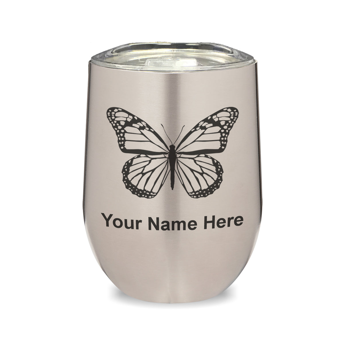 LaserGram Double Wall Stainless Steel Wine Glass, Monarch Butterfly, Personalized Engraving Included