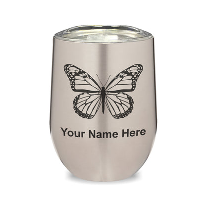 LaserGram Double Wall Stainless Steel Wine Glass, Monarch Butterfly, Personalized Engraving Included