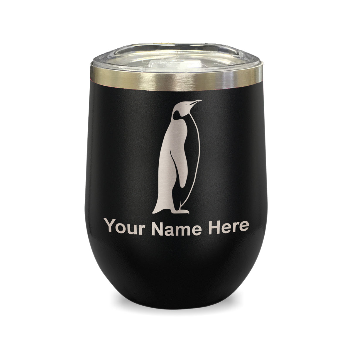 LaserGram Double Wall Stainless Steel Wine Glass, Penguin, Personalized Engraving Included