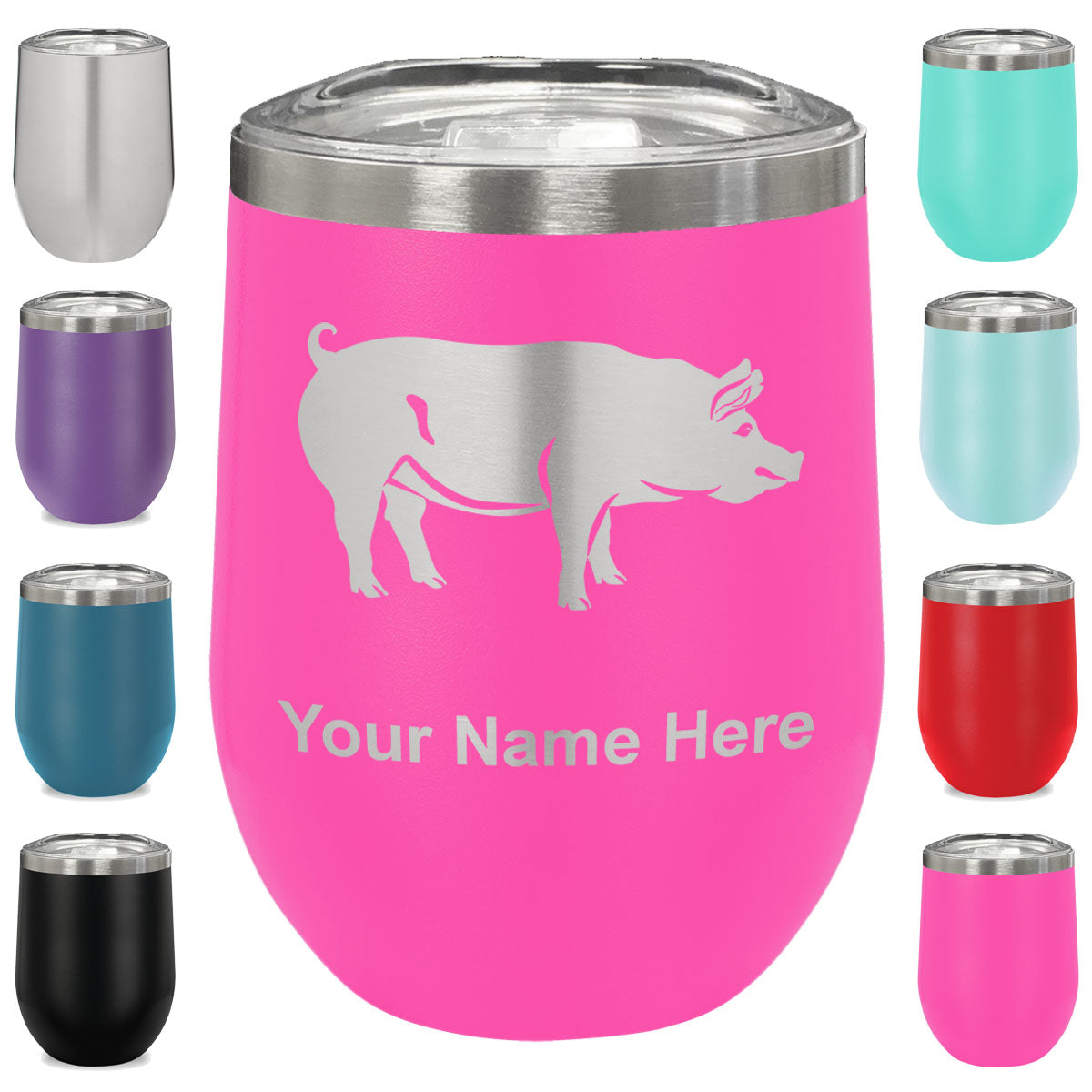 LaserGram Double Wall Stainless Steel Wine Glass, Pig, Personalized Engraving Included