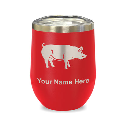 LaserGram Double Wall Stainless Steel Wine Glass, Pig, Personalized Engraving Included
