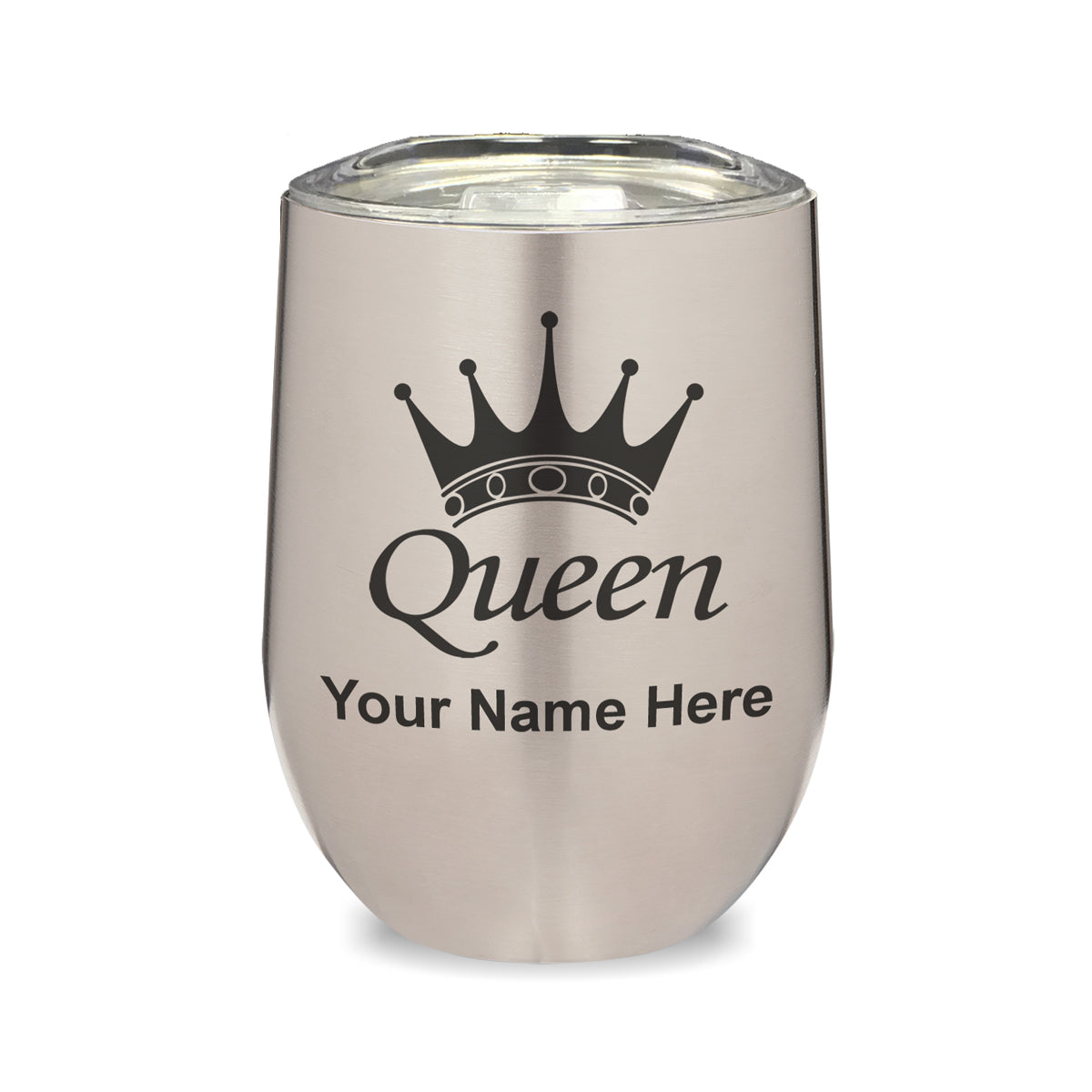 LaserGram Double Wall Stainless Steel Wine Glass, Queen Crown, Personalized Engraving Included