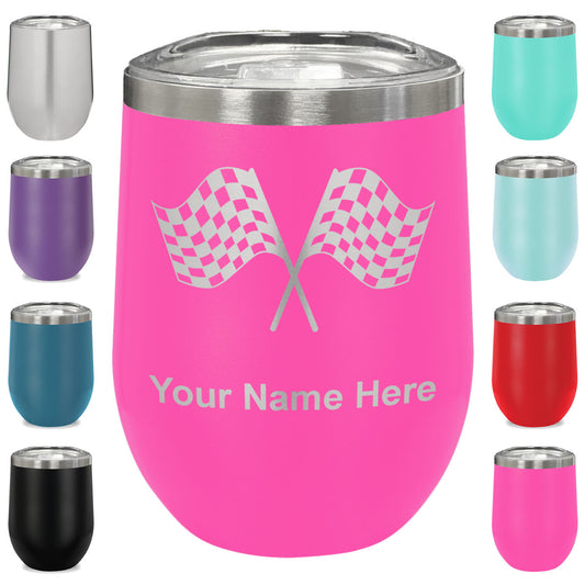 LaserGram Double Wall Stainless Steel Wine Glass, Racing Flags, Personalized Engraving Included