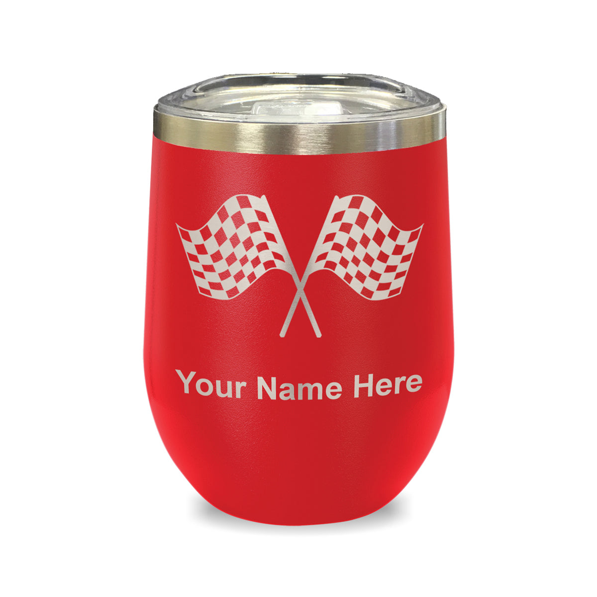 LaserGram Double Wall Stainless Steel Wine Glass, Racing Flags, Personalized Engraving Included