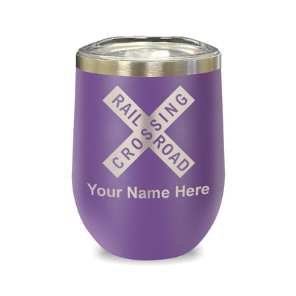 LaserGram Double Wall Stainless Steel Wine Glass, Railroad Crossing Sign 1, Personalized Engraving Included
