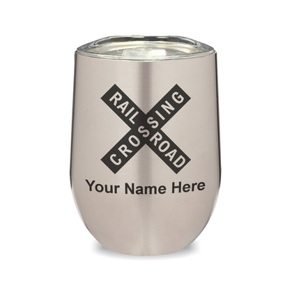 LaserGram Double Wall Stainless Steel Wine Glass, Railroad Crossing Sign 1, Personalized Engraving Included