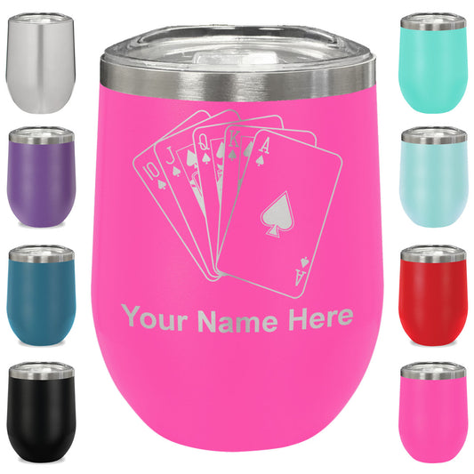LaserGram Double Wall Stainless Steel Wine Glass, Royal Flush Poker Cards, Personalized Engraving Included