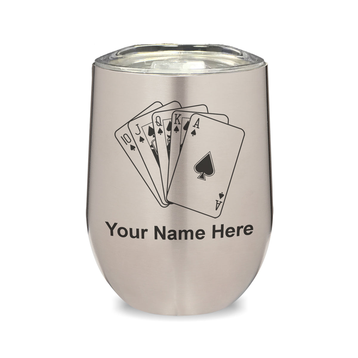 LaserGram Double Wall Stainless Steel Wine Glass, Royal Flush Poker Cards, Personalized Engraving Included