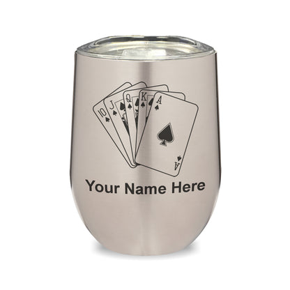 LaserGram Double Wall Stainless Steel Wine Glass, Royal Flush Poker Cards, Personalized Engraving Included