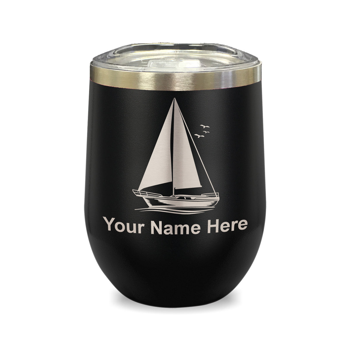 LaserGram Double Wall Stainless Steel Wine Glass, Sailboat, Personalized Engraving Included
