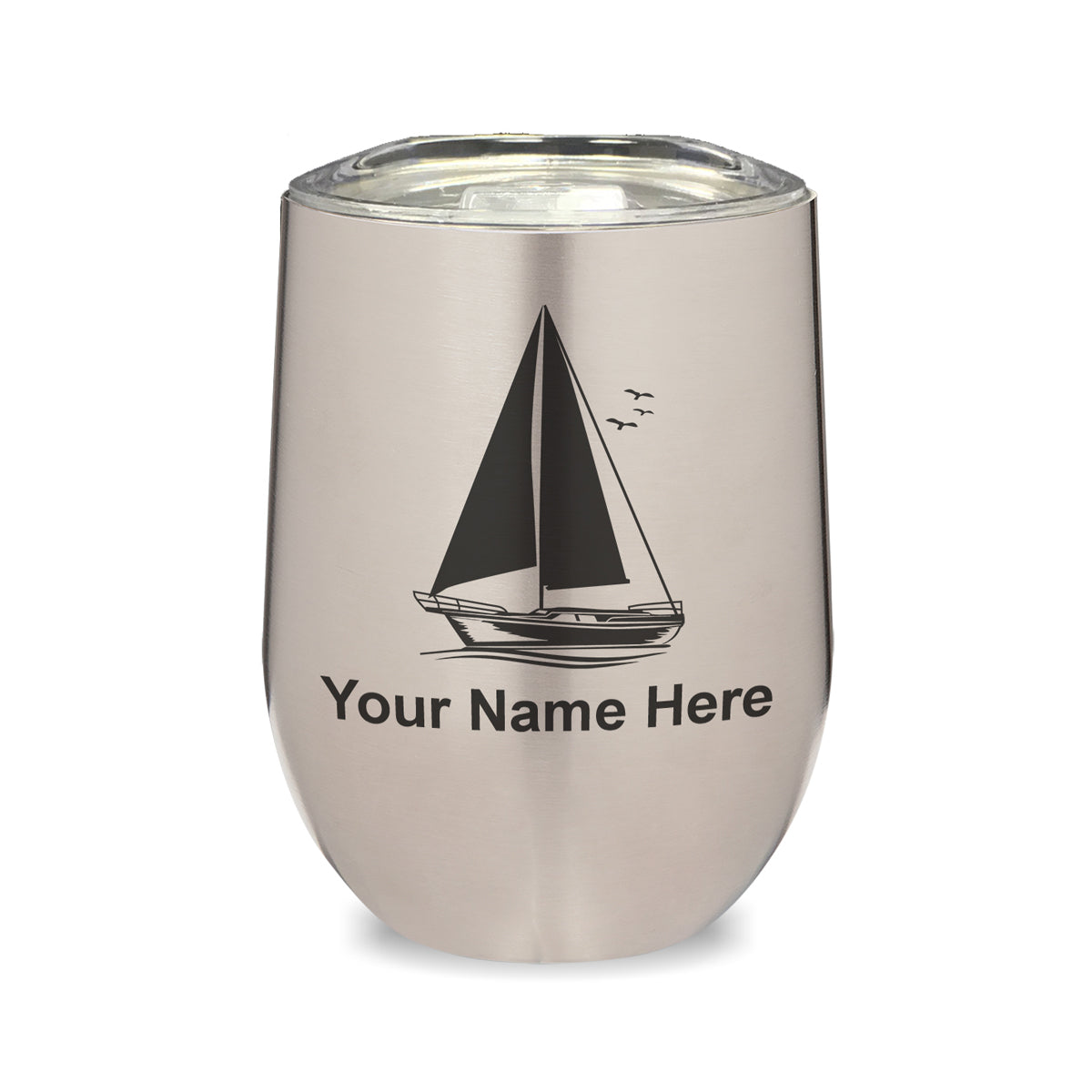 LaserGram Double Wall Stainless Steel Wine Glass, Sailboat, Personalized Engraving Included