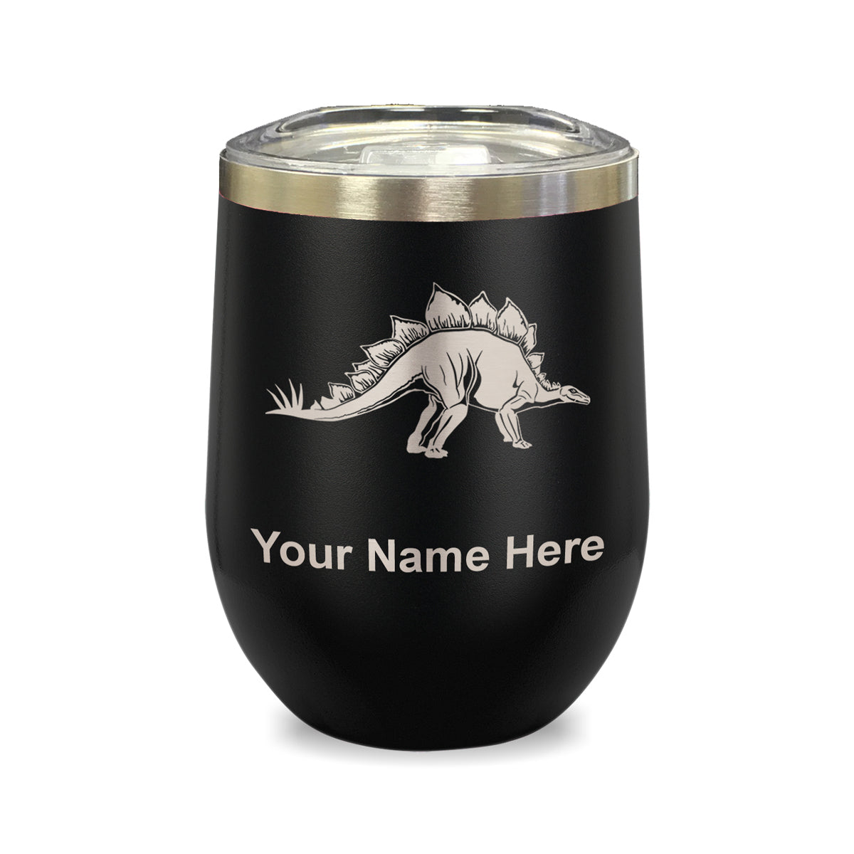 LaserGram Double Wall Stainless Steel Wine Glass, Stegosaurus Dinosaur, Personalized Engraving Included