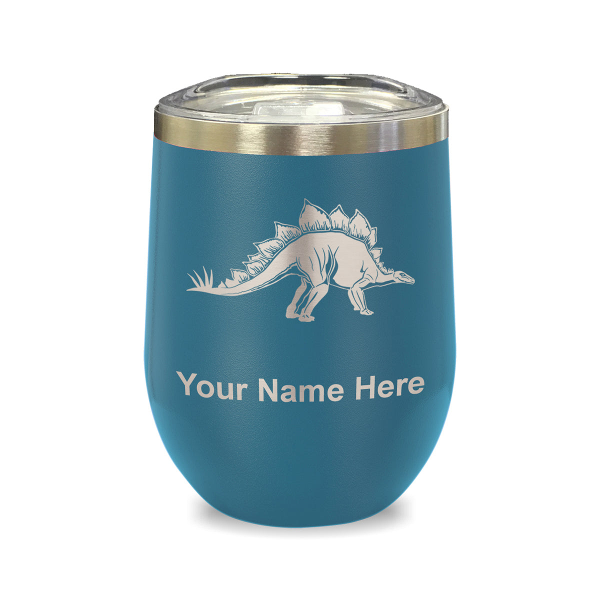 LaserGram Double Wall Stainless Steel Wine Glass, Stegosaurus Dinosaur, Personalized Engraving Included