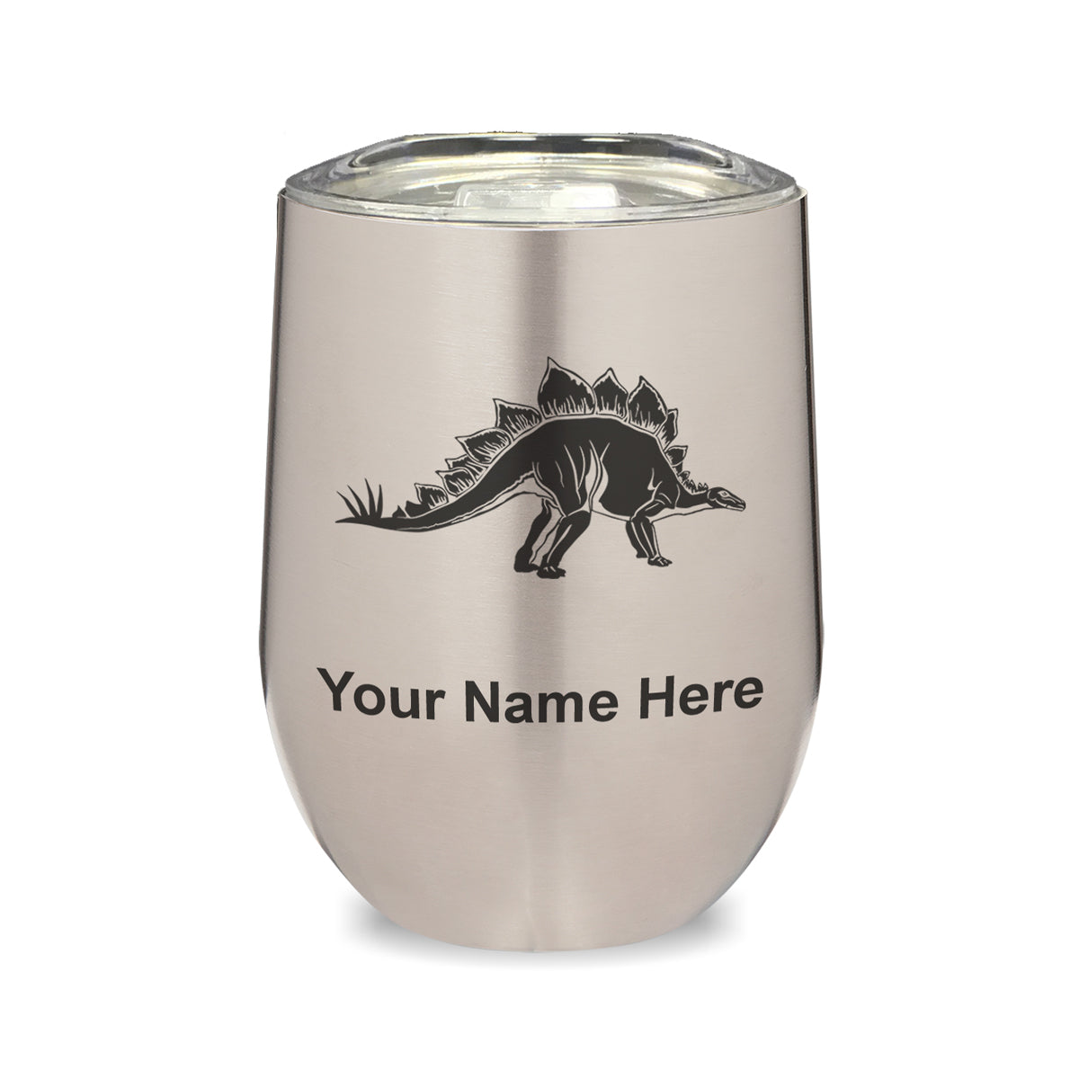 LaserGram Double Wall Stainless Steel Wine Glass, Stegosaurus Dinosaur, Personalized Engraving Included