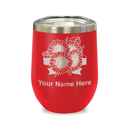 LaserGram Double Wall Stainless Steel Wine Glass, Sunflowers, Personalized Engraving Included