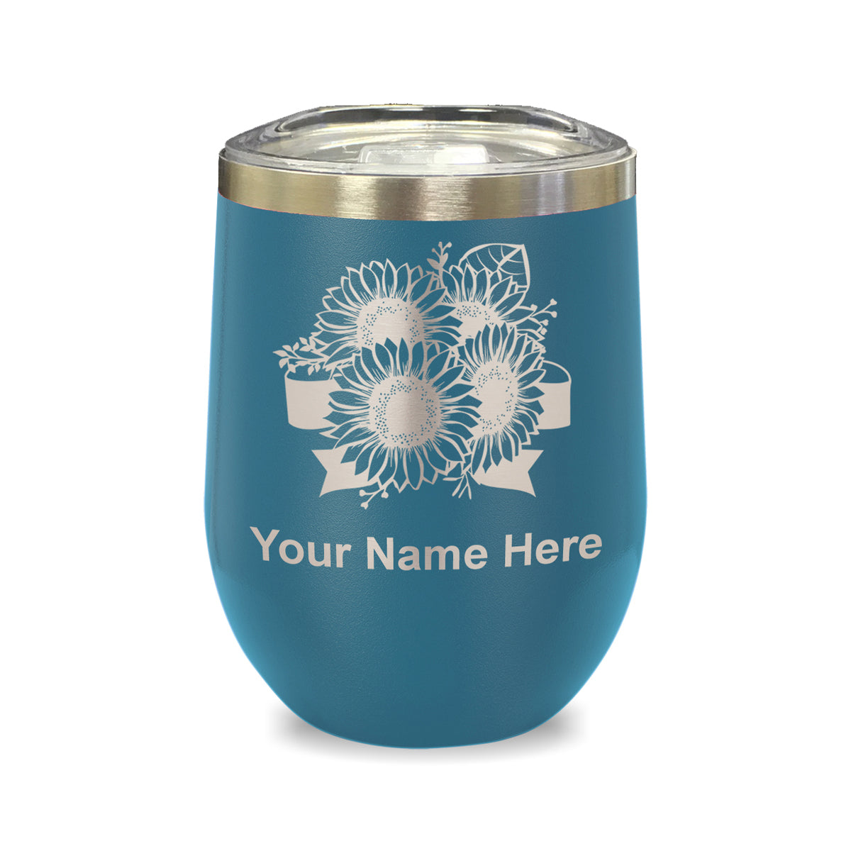 LaserGram Double Wall Stainless Steel Wine Glass, Sunflowers, Personalized Engraving Included