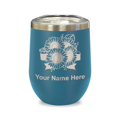 LaserGram Double Wall Stainless Steel Wine Glass, Sunflowers, Personalized Engraving Included