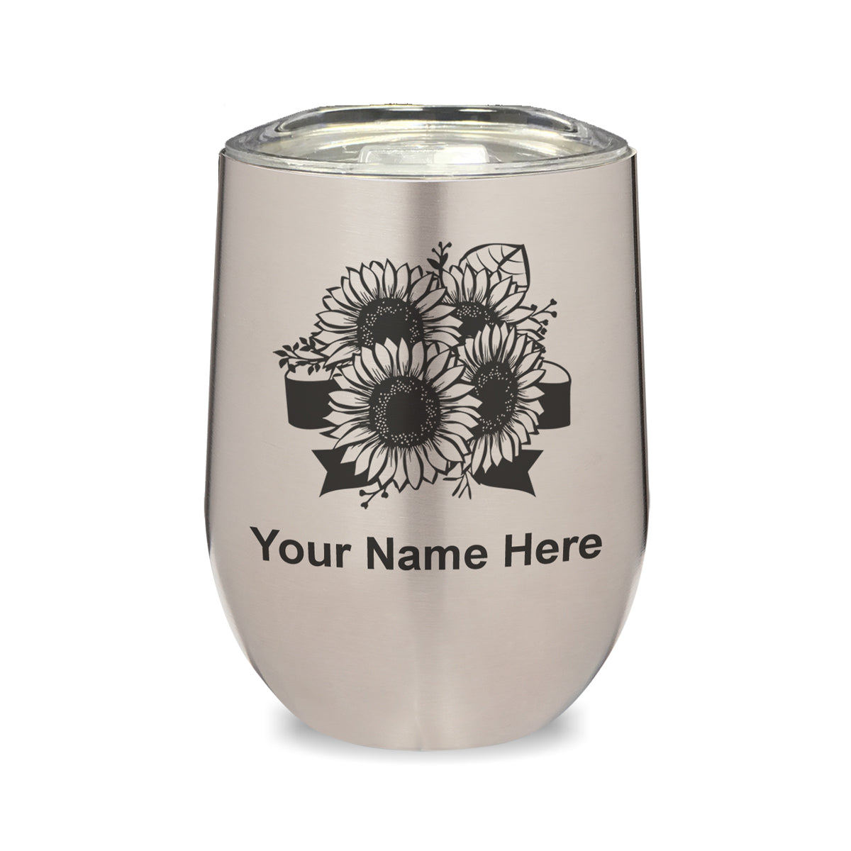 LaserGram Double Wall Stainless Steel Wine Glass, Sunflowers, Personalized Engraving Included