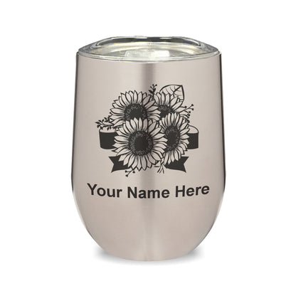 LaserGram Double Wall Stainless Steel Wine Glass, Sunflowers, Personalized Engraving Included
