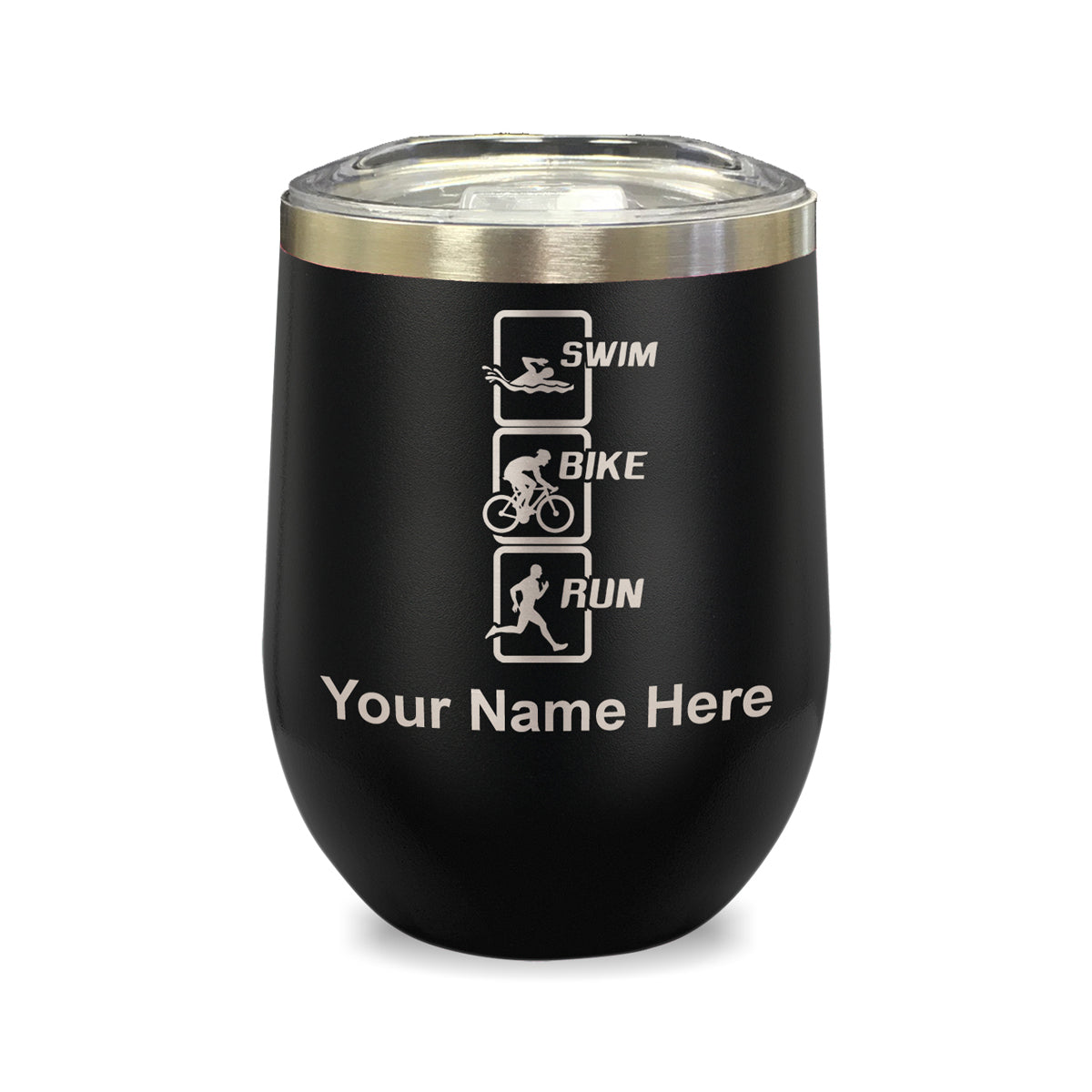 LaserGram Double Wall Stainless Steel Wine Glass, Swim Bike Run Vertical, Personalized Engraving Included