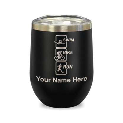 LaserGram Double Wall Stainless Steel Wine Glass, Swim Bike Run Vertical, Personalized Engraving Included