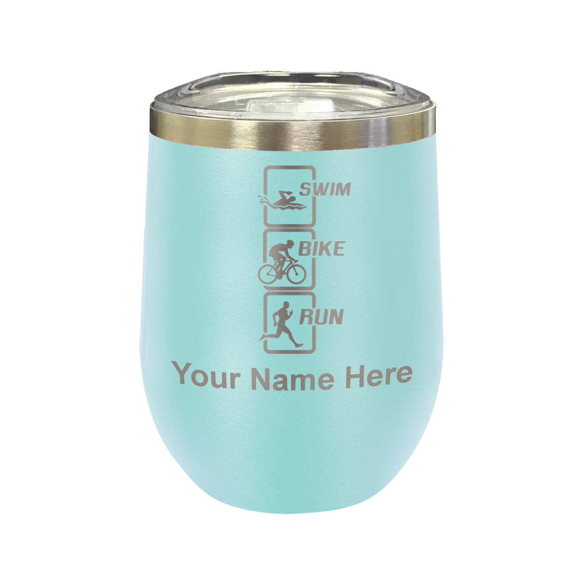 LaserGram Double Wall Stainless Steel Wine Glass, Swim Bike Run Vertical, Personalized Engraving Included