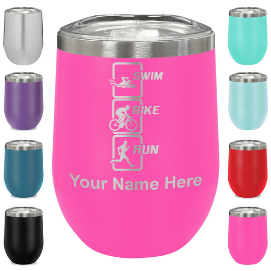LaserGram Double Wall Stainless Steel Wine Glass, Swim Bike Run Vertical, Personalized Engraving Included