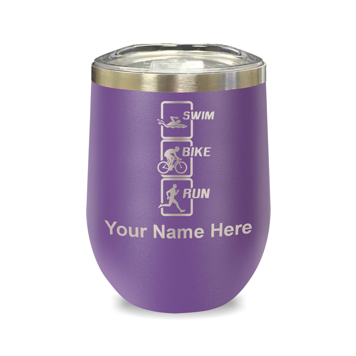 LaserGram Double Wall Stainless Steel Wine Glass, Swim Bike Run Vertical, Personalized Engraving Included