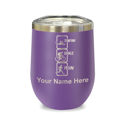 LaserGram Double Wall Stainless Steel Wine Glass, Swim Bike Run Vertical, Personalized Engraving Included