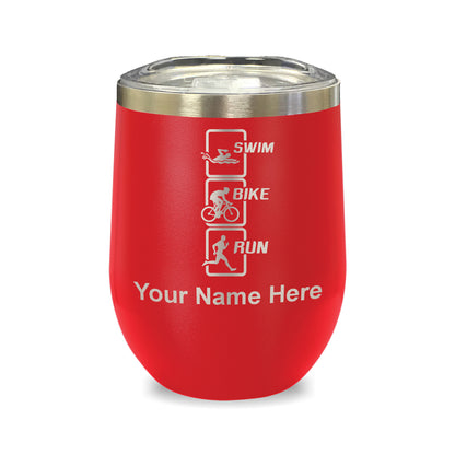 LaserGram Double Wall Stainless Steel Wine Glass, Swim Bike Run Vertical, Personalized Engraving Included