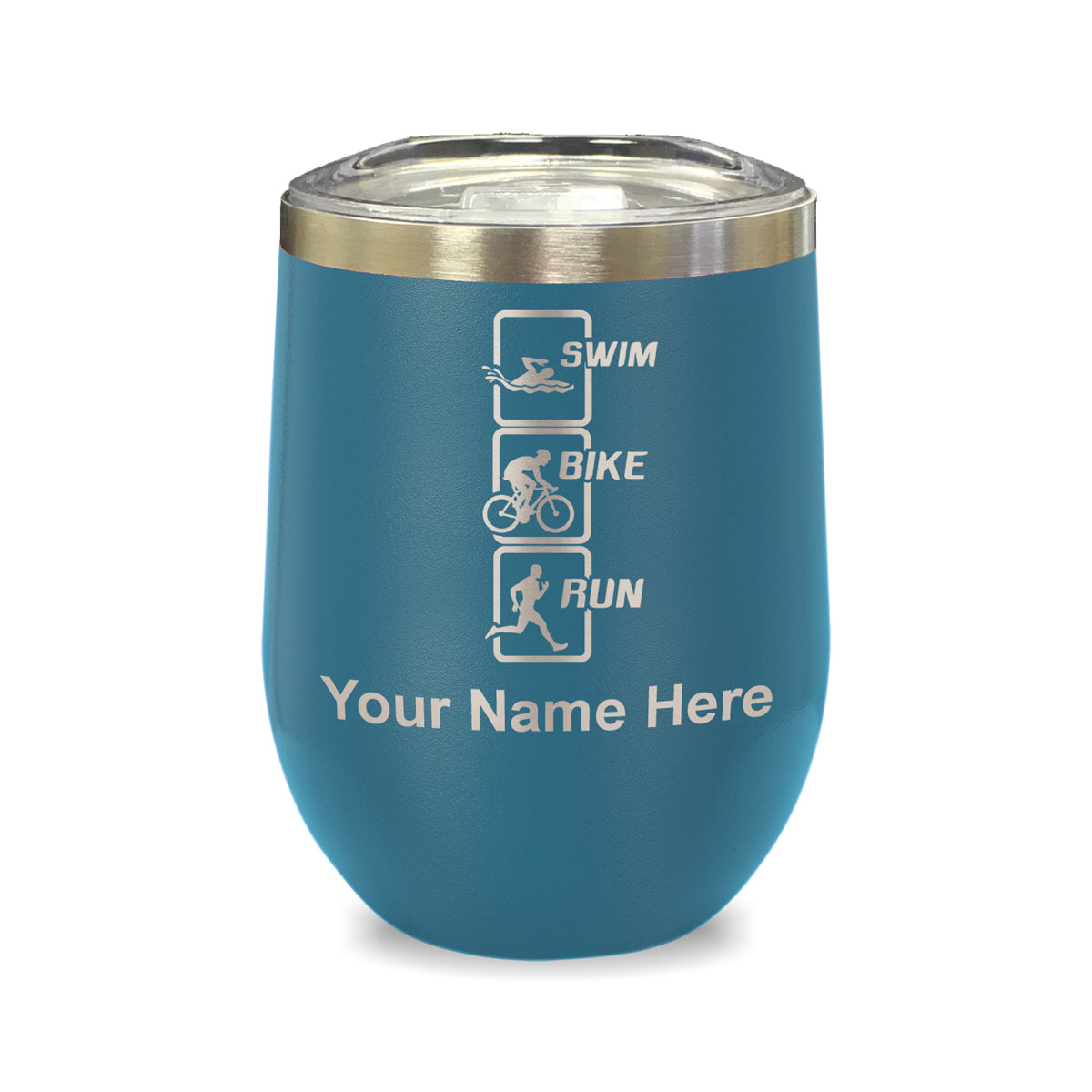 LaserGram Double Wall Stainless Steel Wine Glass, Swim Bike Run Vertical, Personalized Engraving Included