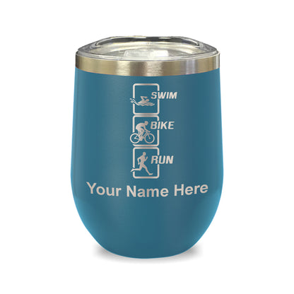 LaserGram Double Wall Stainless Steel Wine Glass, Swim Bike Run Vertical, Personalized Engraving Included