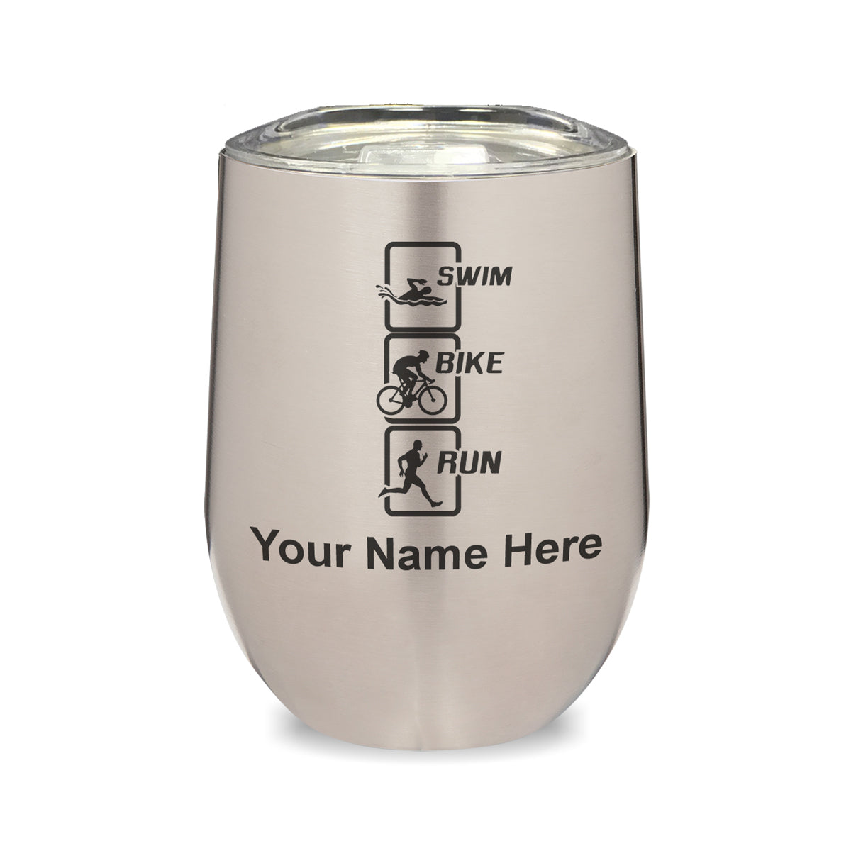 LaserGram Double Wall Stainless Steel Wine Glass, Swim Bike Run Vertical, Personalized Engraving Included