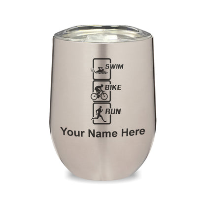 LaserGram Double Wall Stainless Steel Wine Glass, Swim Bike Run Vertical, Personalized Engraving Included