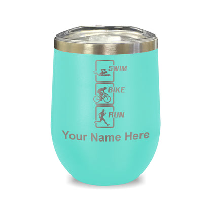 LaserGram Double Wall Stainless Steel Wine Glass, Swim Bike Run Vertical, Personalized Engraving Included