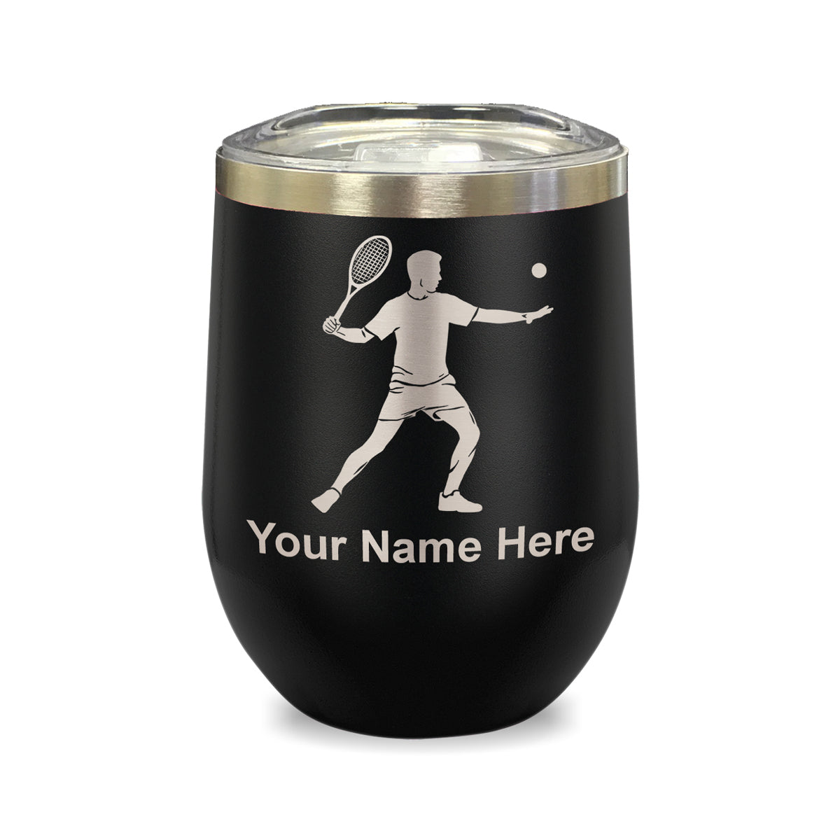 LaserGram Double Wall Stainless Steel Wine Glass, Tennis Player Man, Personalized Engraving Included