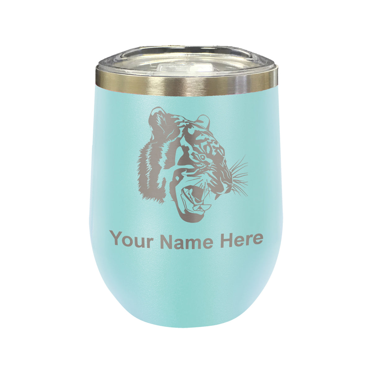 LaserGram Double Wall Stainless Steel Wine Glass, Tiger Head, Personalized Engraving Included