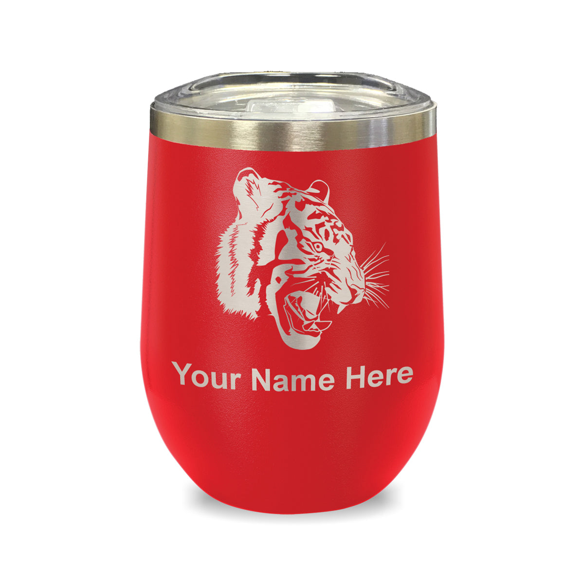 LaserGram Double Wall Stainless Steel Wine Glass, Tiger Head, Personalized Engraving Included