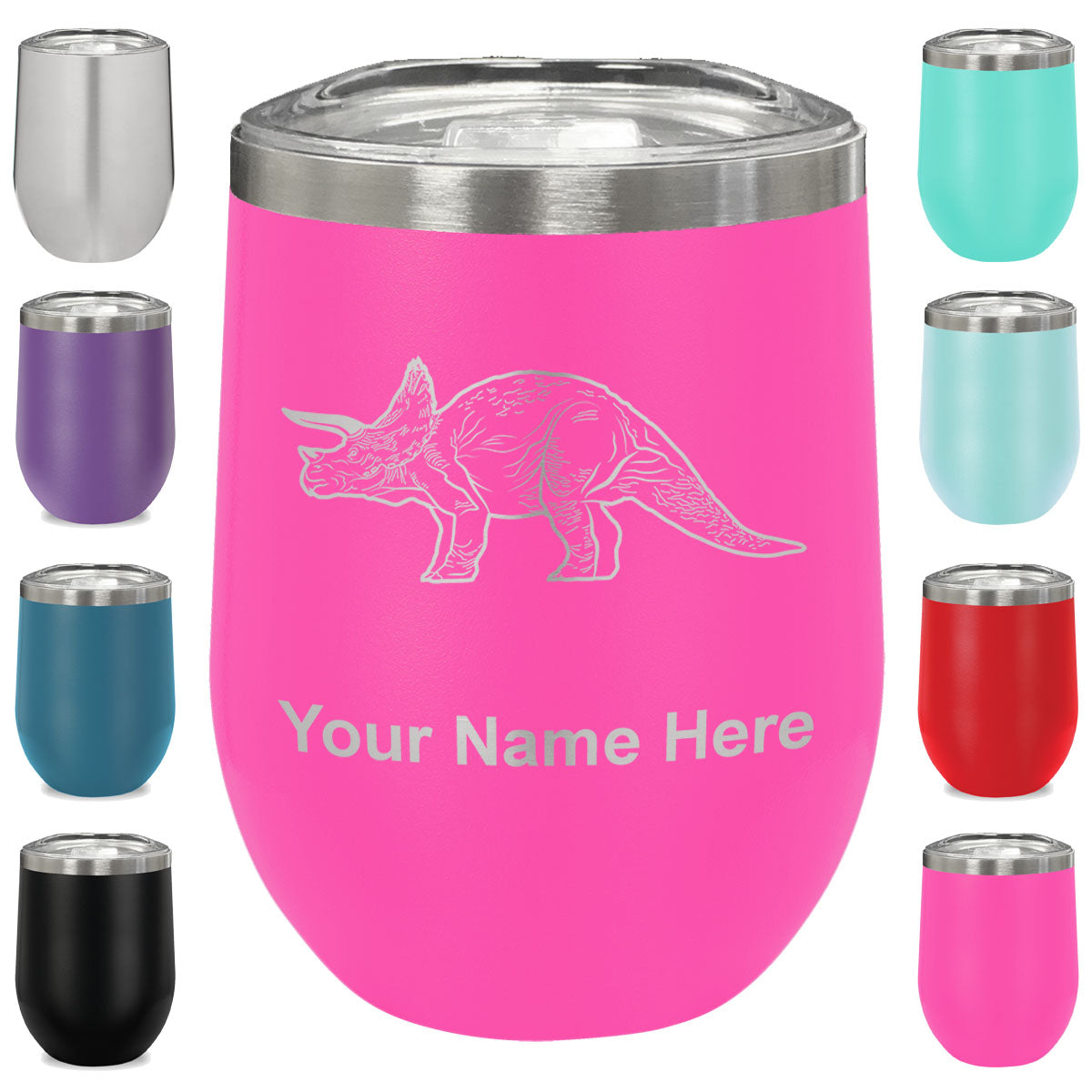 LaserGram Double Wall Stainless Steel Wine Glass, Triceratops Dinosaur, Personalized Engraving Included