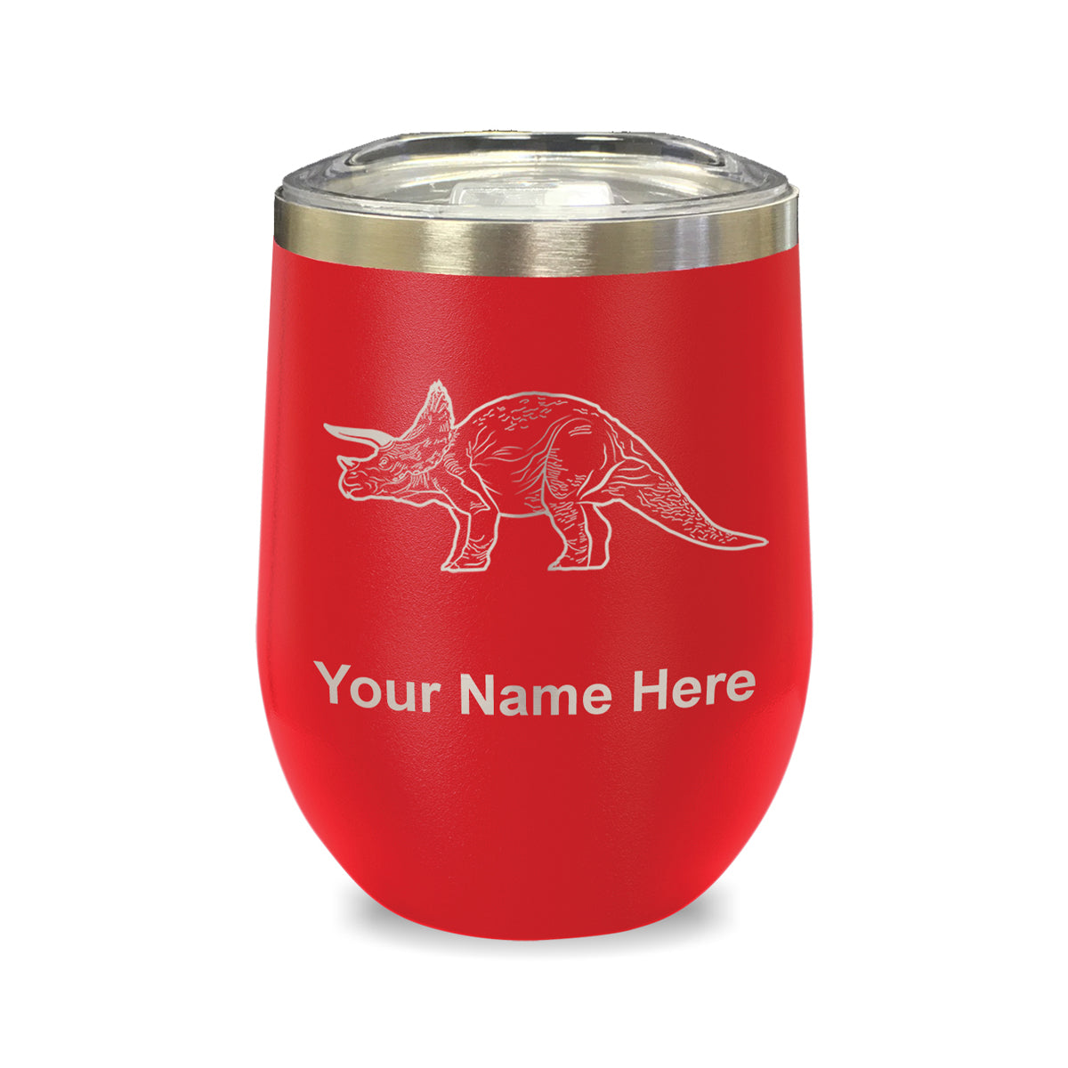 LaserGram Double Wall Stainless Steel Wine Glass, Triceratops Dinosaur, Personalized Engraving Included