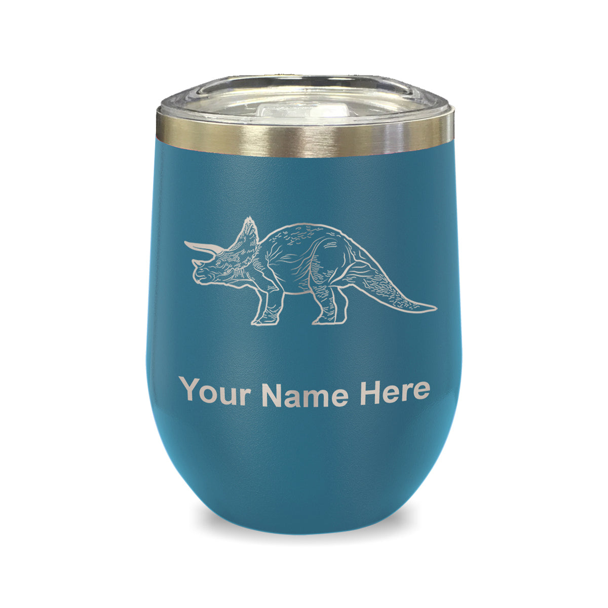 LaserGram Double Wall Stainless Steel Wine Glass, Triceratops Dinosaur, Personalized Engraving Included