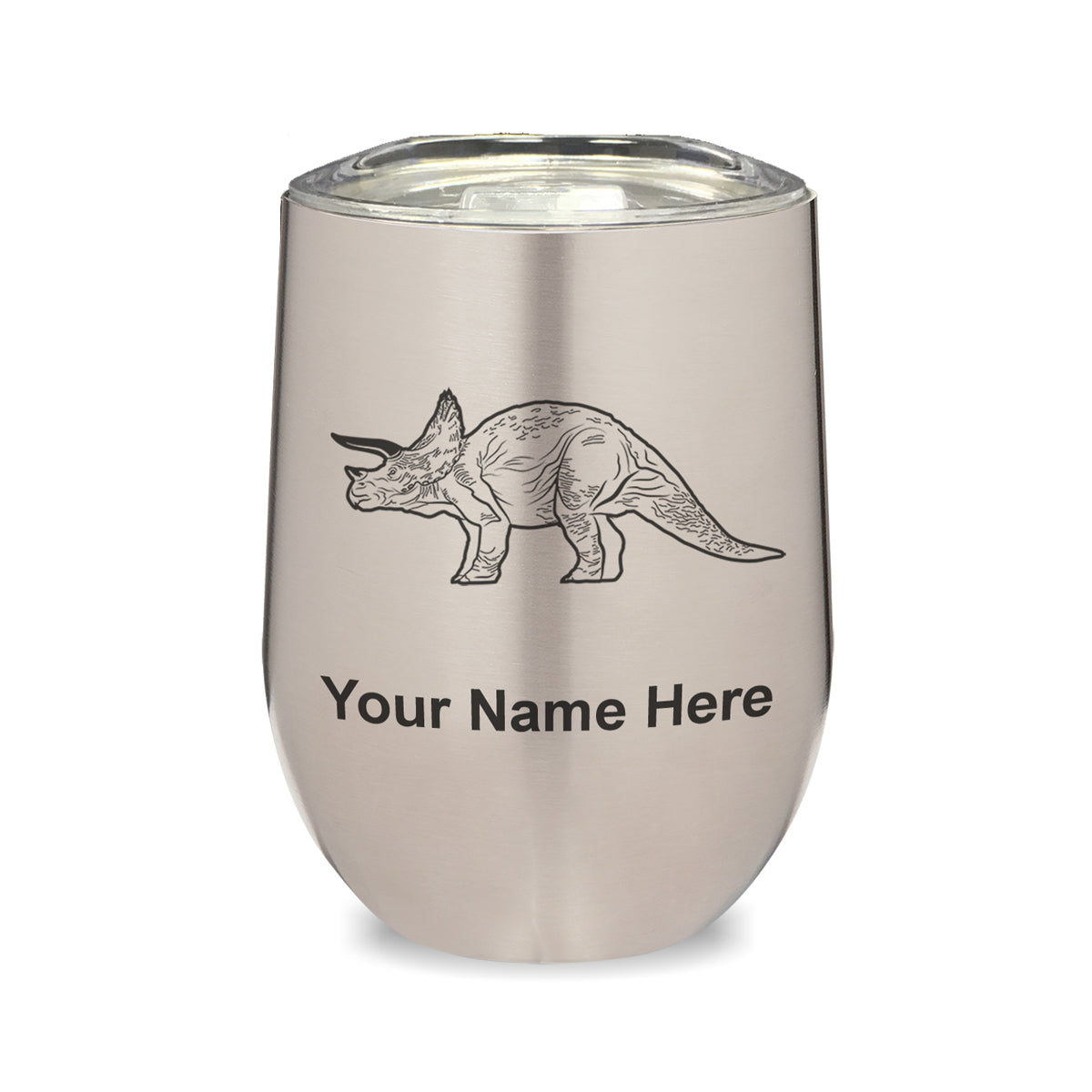 LaserGram Double Wall Stainless Steel Wine Glass, Triceratops Dinosaur, Personalized Engraving Included