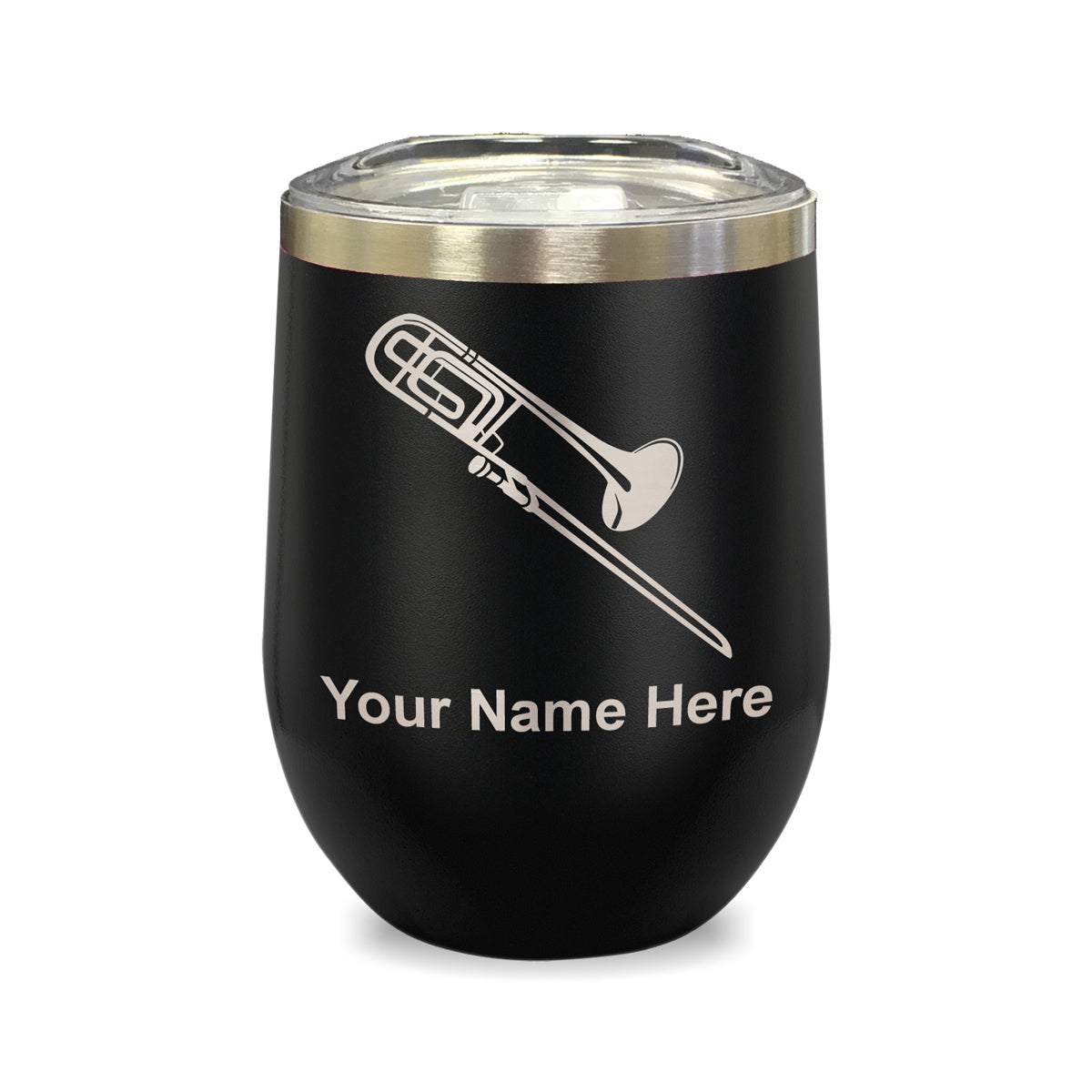 LaserGram Double Wall Stainless Steel Wine Glass, Trombone, Personalized Engraving Included