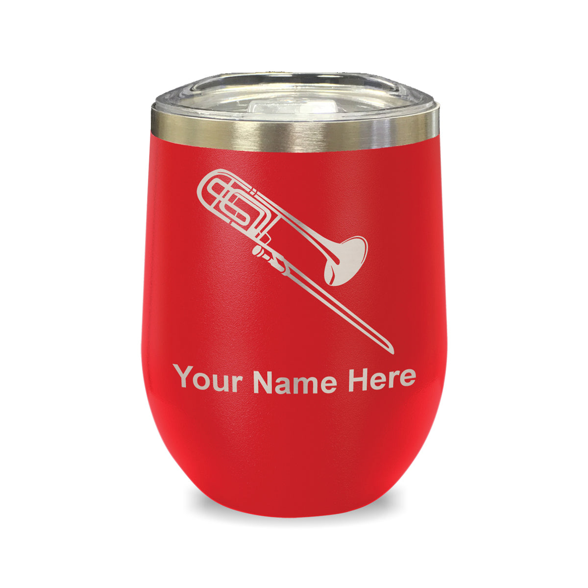 LaserGram Double Wall Stainless Steel Wine Glass, Trombone, Personalized Engraving Included