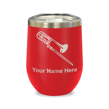 LaserGram Double Wall Stainless Steel Wine Glass, Trombone, Personalized Engraving Included