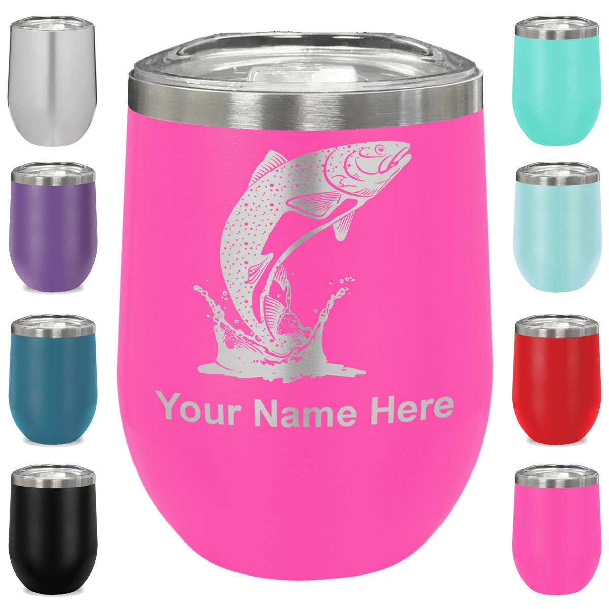 LaserGram Double Wall Stainless Steel Wine Glass, Trout Fish, Personalized Engraving Included